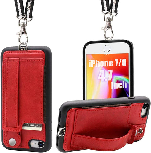 TOOVREN iPhone SE Case 2020/2022 Phone Lanyard Neck Strap for iPhone 8 Case with Card Holder iPhone 7 Wallet Case with Kickstand Leather PU Card Holder Wallet Adjustable Phone Necklace Red